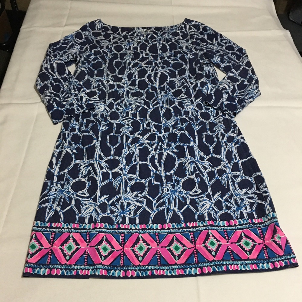 Lilly Pulitzer Dress Womens Large Navy Blue Bamboo Print 3/4 Sleeve Cutout Back
